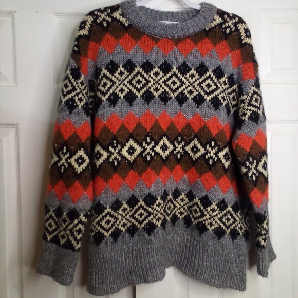 Zara Sweater Women S Chunky Long Sleeve Pattern Black Gray Red - Picture 1 of 15